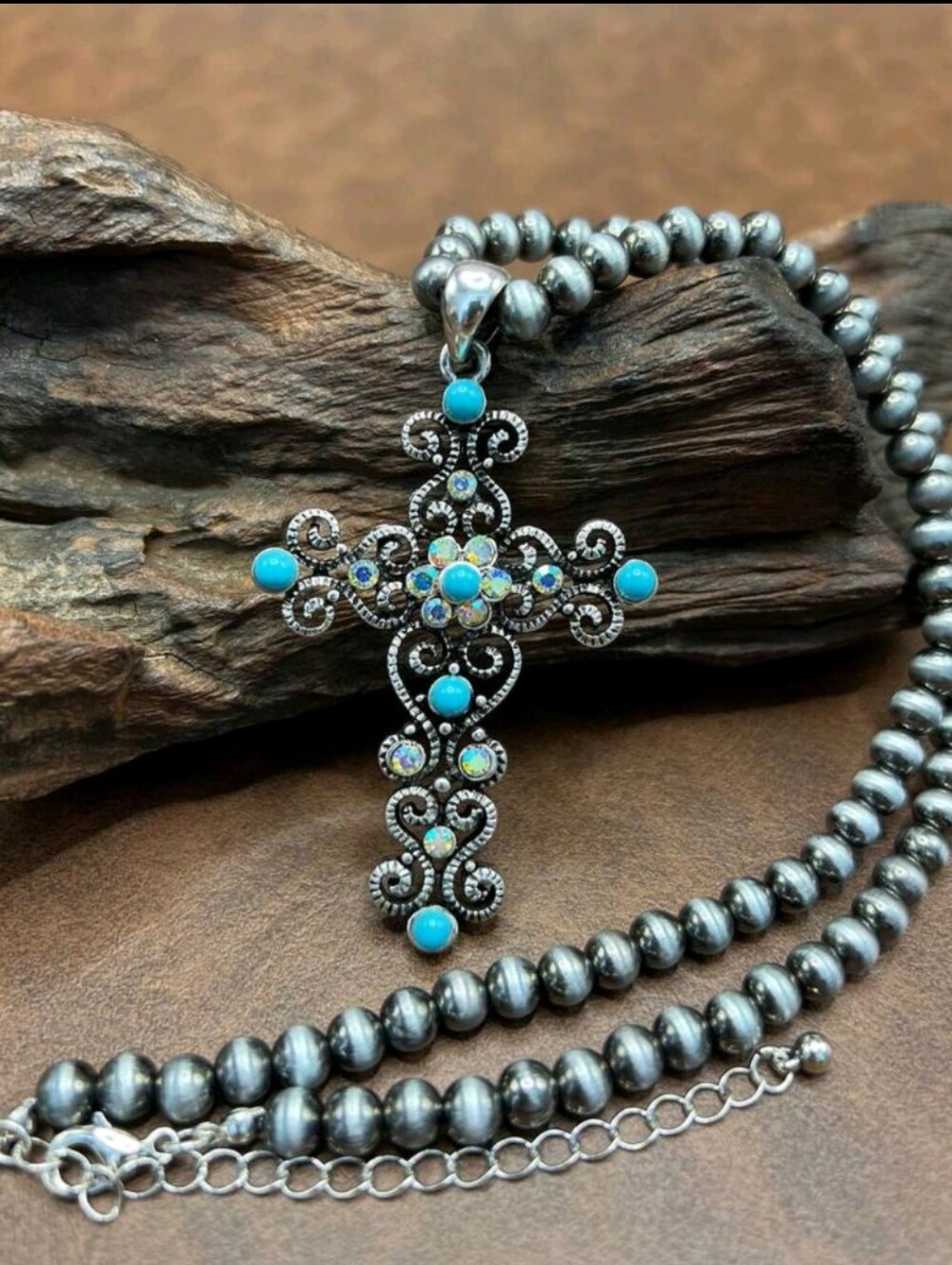 Turquoise Stone Filigree Cross Necklace in Silver Tone